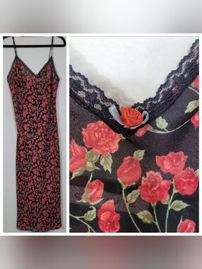 Y2K Cruz Floral Maxi Slip Dress XS/S Black Red Roses Whimsigoth Dark Romantic